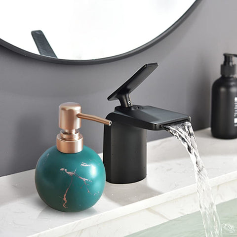 Gold Soap Dispenser, Cute Marble Round Ceramic Lotion Bottle(Dark Green)