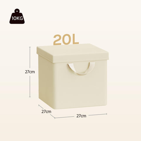 WOLTU Fabric Storage Boxes Set of 3, Folding Baskets with Lids, Handles, Metal Frame, Wardrobe Toy Organisers for Living Room, Bedroom, Office, Cream