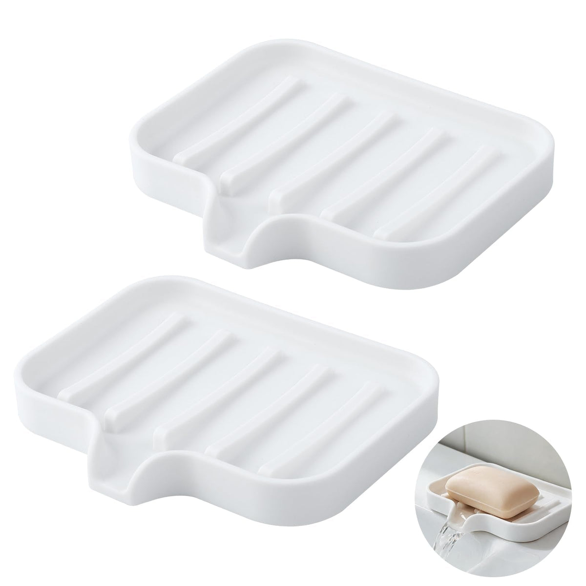 Gurwen 2 Pcs Silicone Soap Dish with Drainage for Bathroom, White