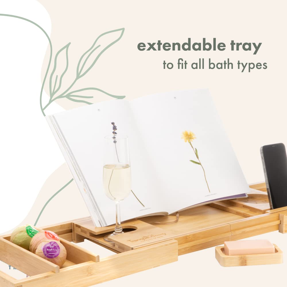 TranquilBeauty Sustainable Natural Bamboo Bath Board with Secure Slot Mechanism for iPad, Tablet and Phone
