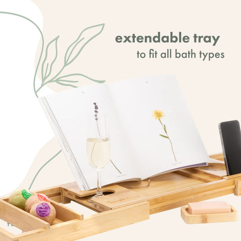 TranquilBeauty Sustainable Natural Bamboo Bath Board with Secure Slot Mechanism for iPad, Tablet and Phone