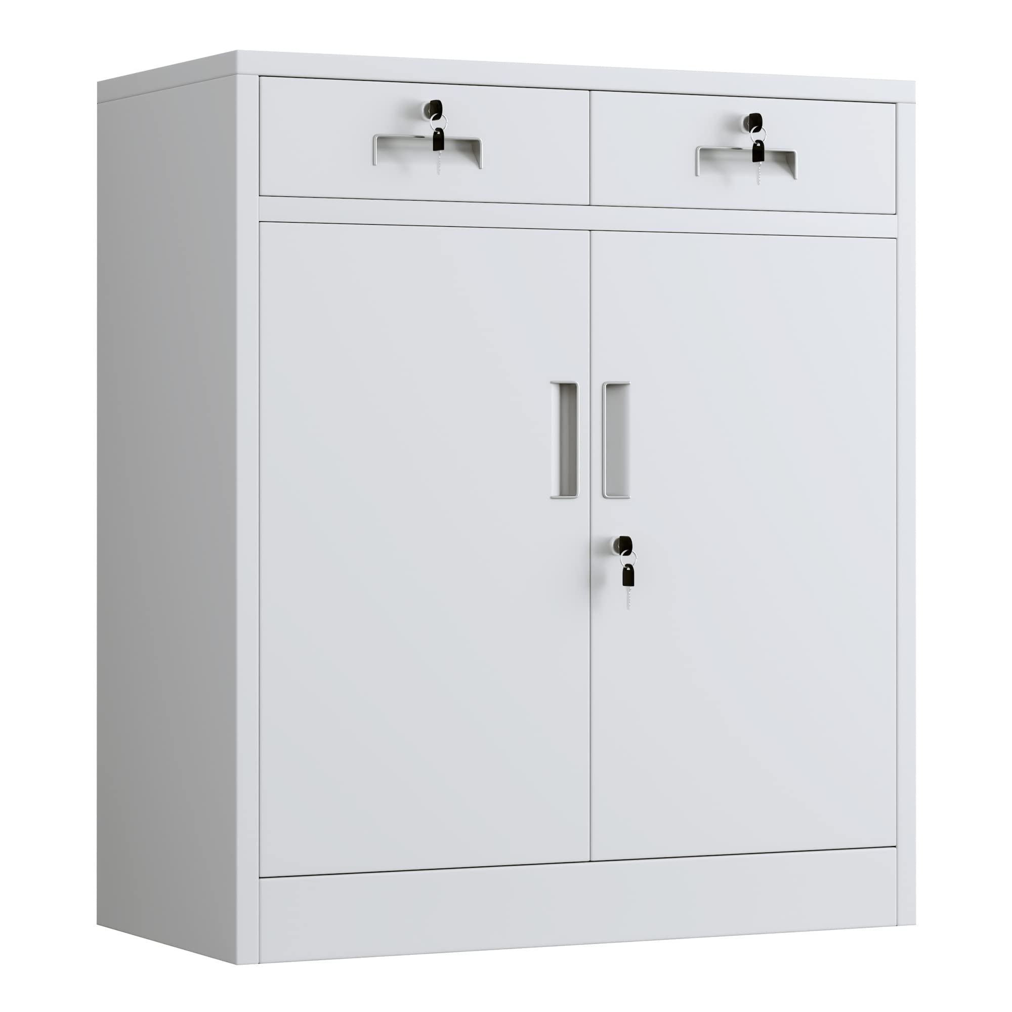 JINGUR Metal Storage Cupboard with Locking Doors and 2 Drawers (White)