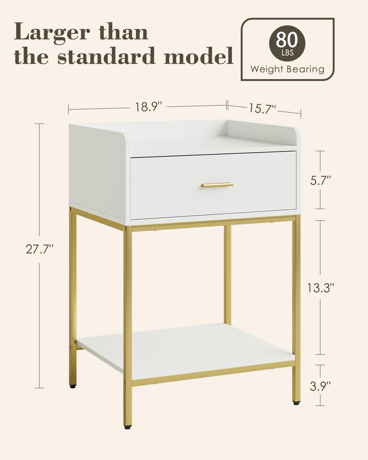 HEYZOEY Bedside Table, 3-Tier Bedside Cabinet with Storage Drawer and Open Shelf, Small End Side Table with Gold Legs for Bedroom, Living Room
