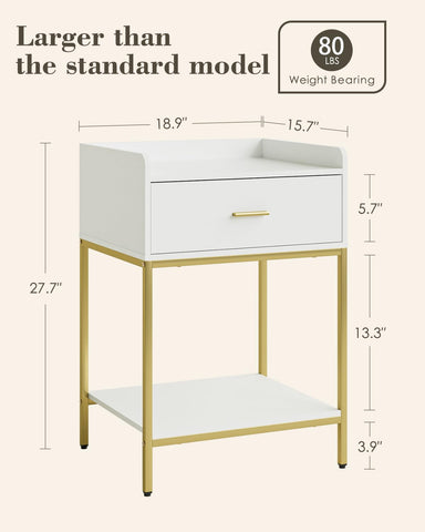 HEYZOEY Bedside Table, 3-Tier Bedside Cabinet with Storage Drawer and Open Shelf, Small End Side Table with Gold Legs for Bedroom, Living Room