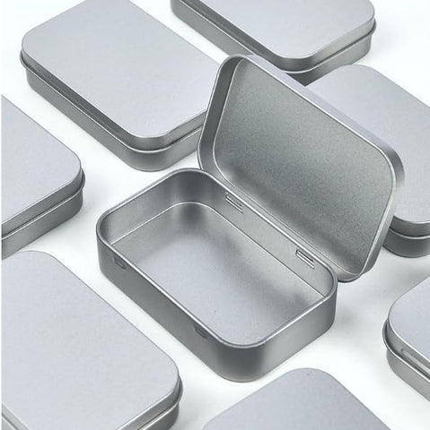 VansenKunda 6 Pack Metal Storage Tins with Hinged Lids Silver Rectangular Organiser Boxes