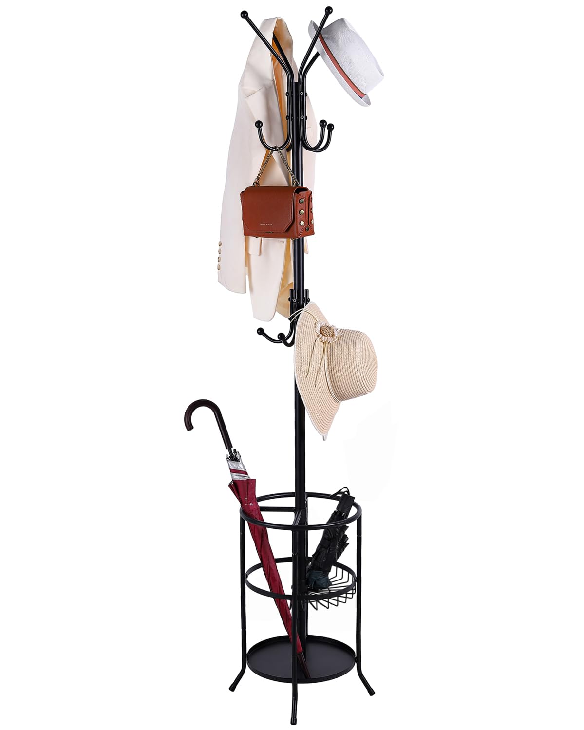Luyi-Life Metal Coat Rack Stand with Umbrella Holder 12 Hooks for Hallway,182cm Free Standing Coat Tree Hanger Stand for Clothes, Hats, Bags
