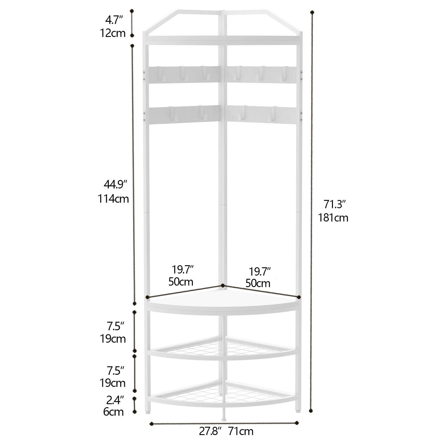 VEDECASA Metal Coat Rack - Corner - Hallway Tree - Freestanding Garment Rack with 12 Movable Hooks and Storage Shelf for Hallway, Living Room
