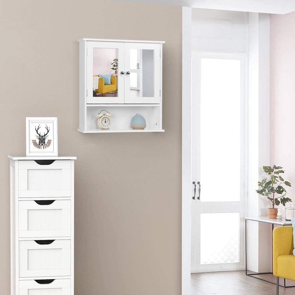 Yaheetech Bathroom Mirror Cabinet, 2 Doors & Open Shelf, White