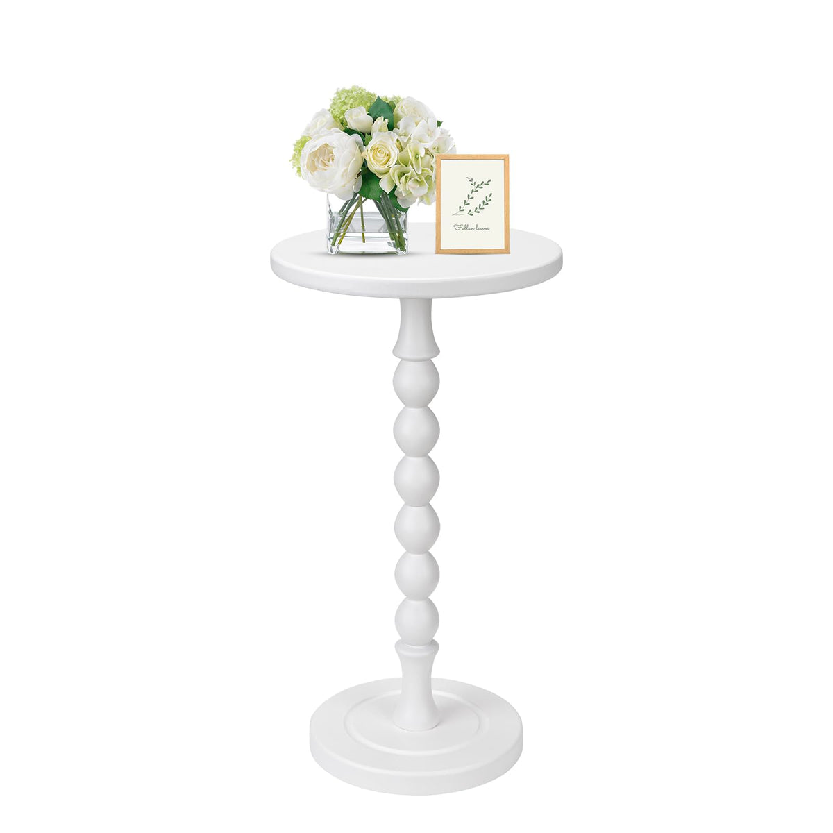 Lampaggio Round Side Table for Small Spaces, Drink Table with Oak Wood Pedestal, Modern End Table Nightstand for Living Room, Bedroom, Office