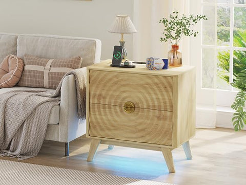 Ripple Led Bedside Table with Charging Station and Human Body Sensor,Nature