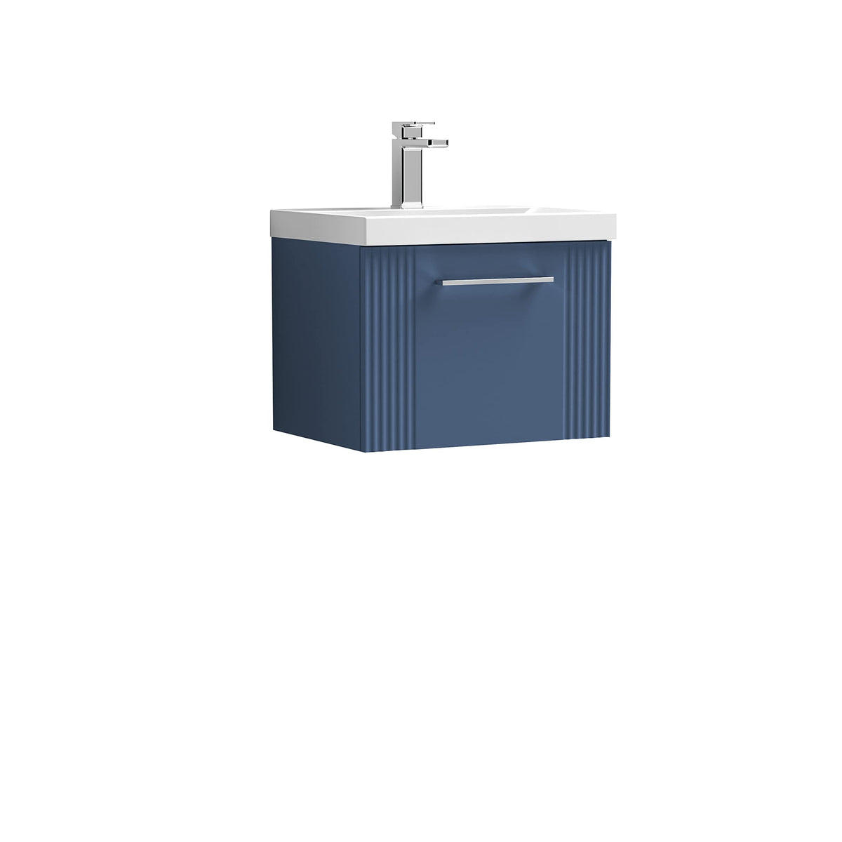 nuie DPF391A Deco Modern Bathroom Wall Hung 1 Drawer Part Fluted Vanity Basin Unit with Mid-Edge Ceramic Basin, 500mm, Satin Blue