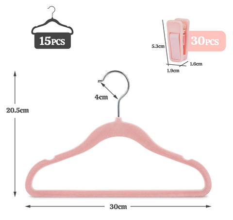HOUISM Baby Hangers Velvet Pink with 30 Finger Clips, Non-Slip & Ultra Slim Kids Clothes Hangers for Full Outfits