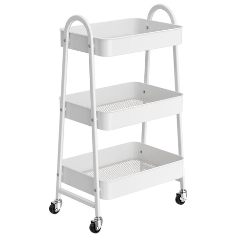 StowBin 3 Tier Metal Rolling Cart Kitchen Storage Cart with Wheels Serving Cart for Living Room Bathroom Office Bedroom White