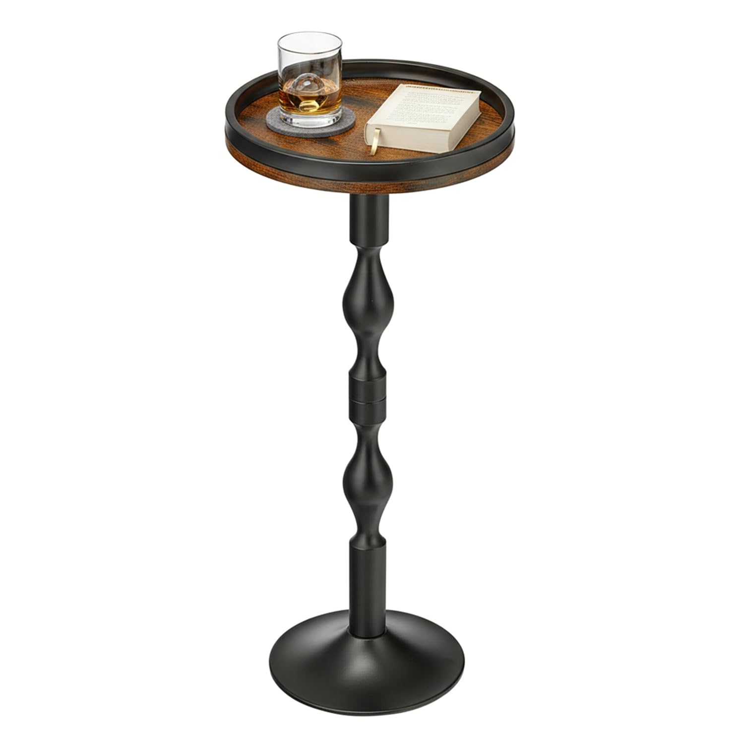 ZEXVIDA Industrial Round Side Table,Black Metal & Dark Wood Drinks Table with Tray Top, Rustic Martini End Table for Living Room