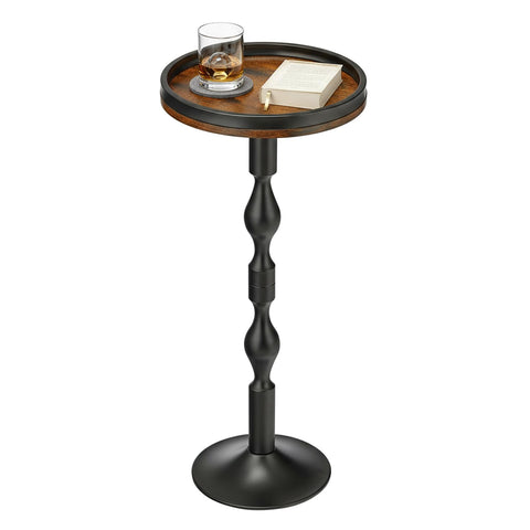 ZEXVIDA Industrial Round Side Table,Black Metal & Dark Wood Drinks Table with Tray Top, Rustic Martini End Table for Living Room