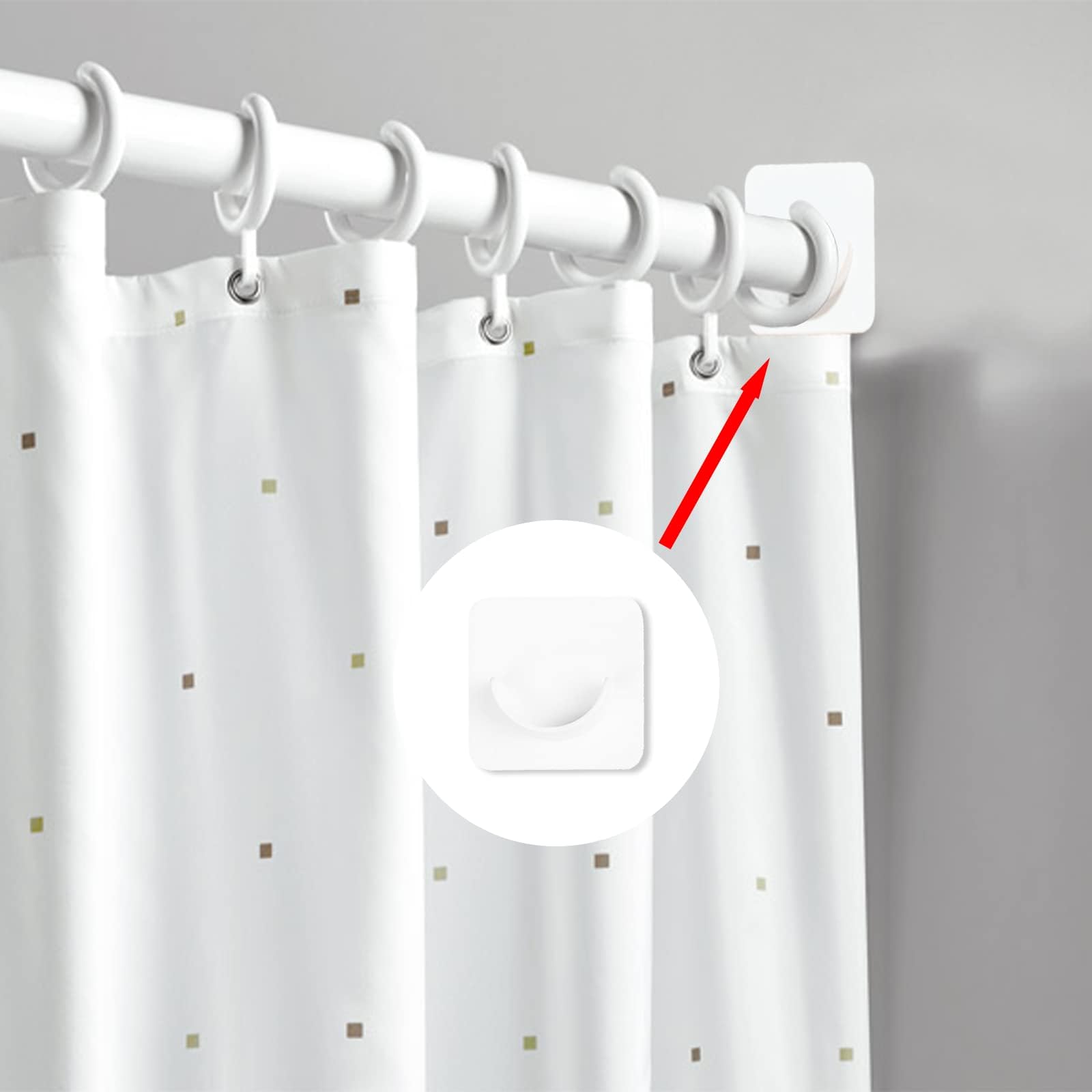 Siqian Stick on Curtain Pole Holder, 2Pcs No Drill Rod Brackets, Shower Adhesive Holder Transparent for Wall Not Include Rod, White