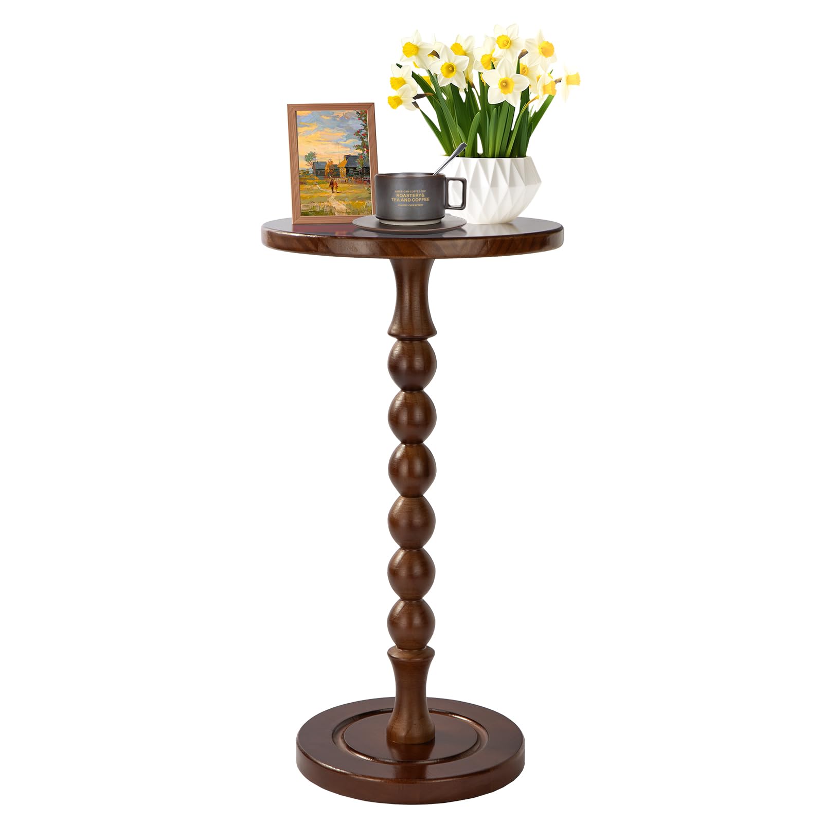 Lampaggio Round Side Table for Small Spaces, Drink Table with Oak Wood Pedestal, Modern End Table Nightstand for Living Room, Bedroom, Office