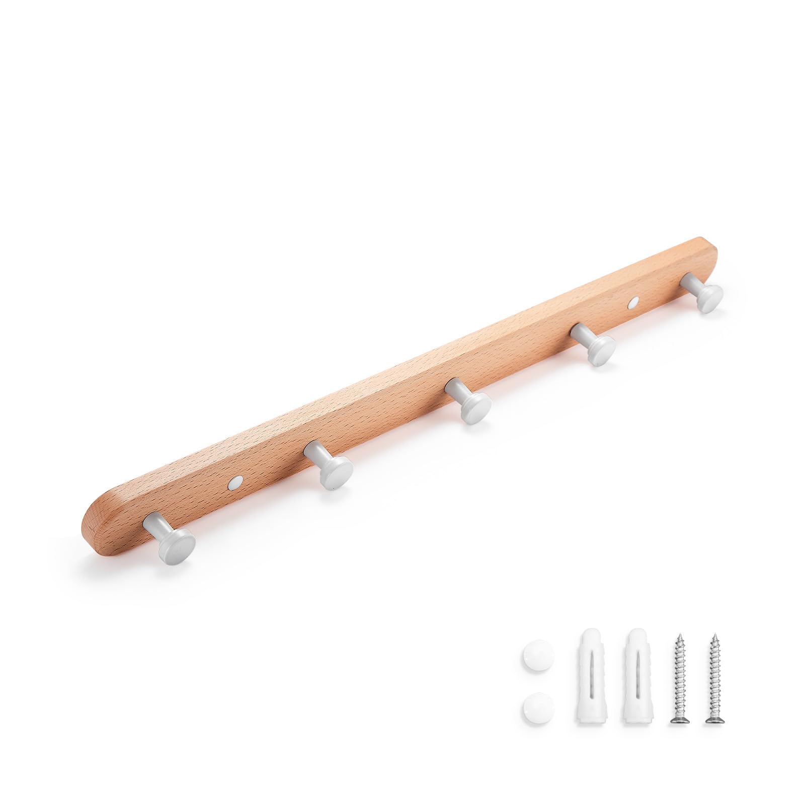 SARIHOSY 5-Hook Wall-Mounted Coat Hooks with White Zinc Alloy Coat Hook Oak Wooden Base for Bathroom Kithchen Coat Rack Round Hook-5 Hooks Clothes