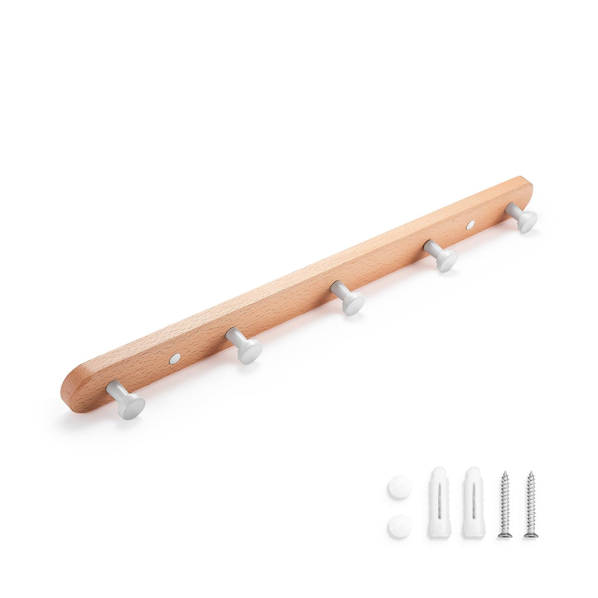 SARIHOSY 5-Hook Wall-Mounted Coat Hooks with White Zinc Alloy Coat Hook Oak Wooden Base for Bathroom Kithchen Coat Rack Round Hook-5 Hooks Clothes