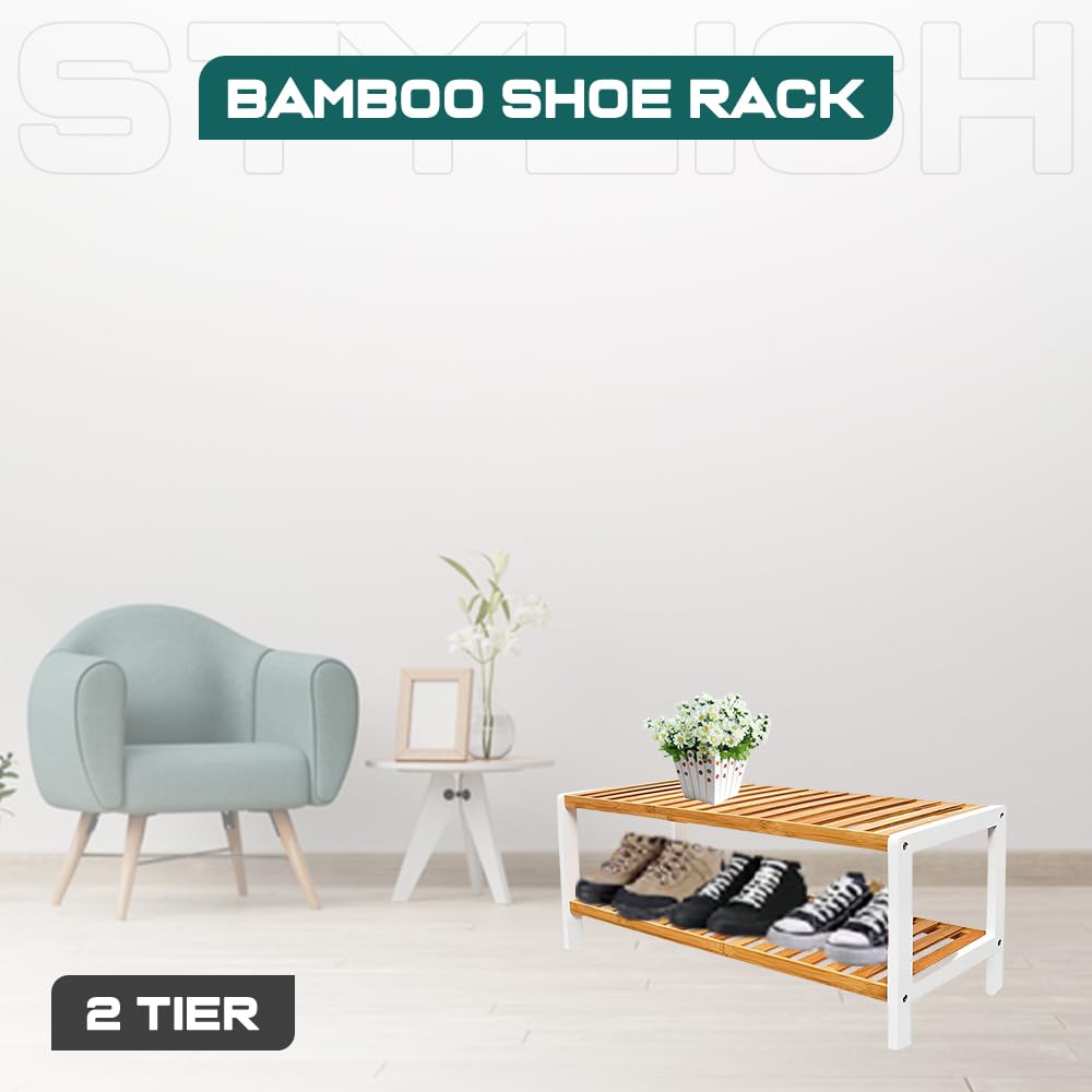 1ABOVE Bamboo Shoe Rack, Plant Rack, Perfect for Corridor, Living Room, Bathroom, Bedroom, Hallway or Small spaces-Parent. (White & Natural, 2 Tier)