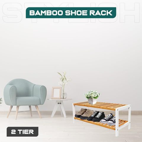 1ABOVE Bamboo Shoe Rack, Plant Rack, Perfect for Corridor, Living Room, Bathroom, Bedroom, Hallway or Small spaces-Parent. (White & Natural, 2 Tier)