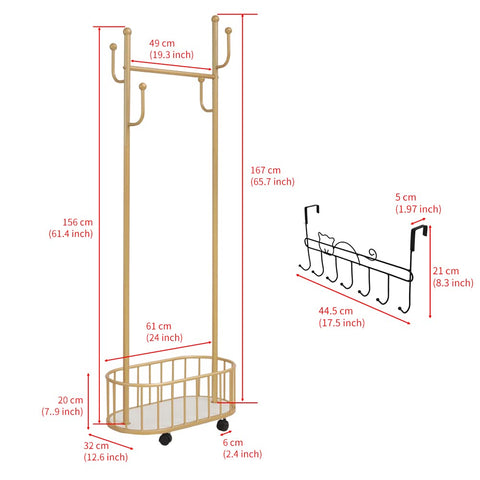 Cre Cra Golden Clothing Rack with Wheels Rolling Clothes Rack with Storage Basket Metal Moveable Coat Rack Stand Modern Garment Rack for Hanging