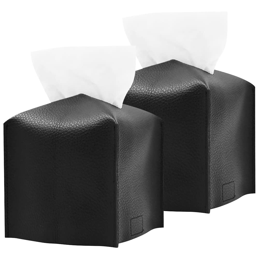 VOANZO 2Pcs Tissue Box Cover Square Modern Delicate Decorative PU Leather Cube Tissues Covers for Home Hotel Car Office Restaurant Black
