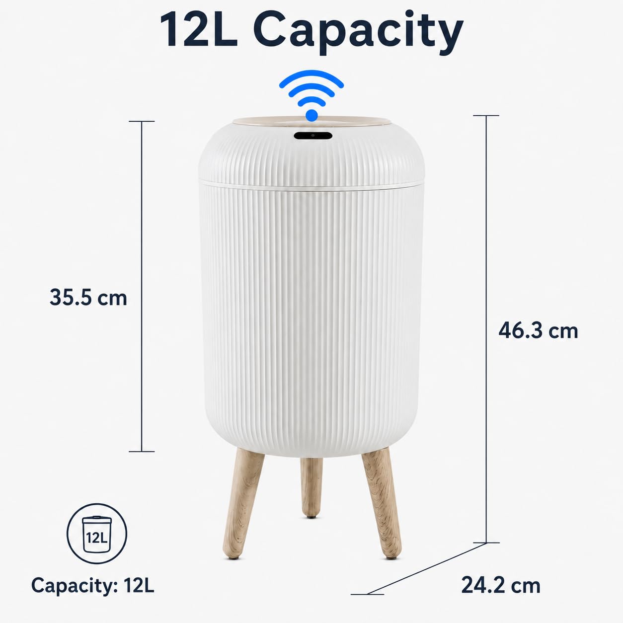 sapisecret 12L Automatic Motion Sensor Bin - Odour-Sealing Lid, Waterproof IPX5, Round Design with Wood-Effect Legs for Bathroom, Kitchen & Office