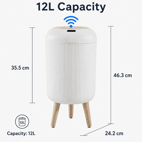 sapisecret 12L Automatic Motion Sensor Bin - Odour-Sealing Lid, Waterproof IPX5, Round Design with Wood-Effect Legs for Bathroom, Kitchen & Office