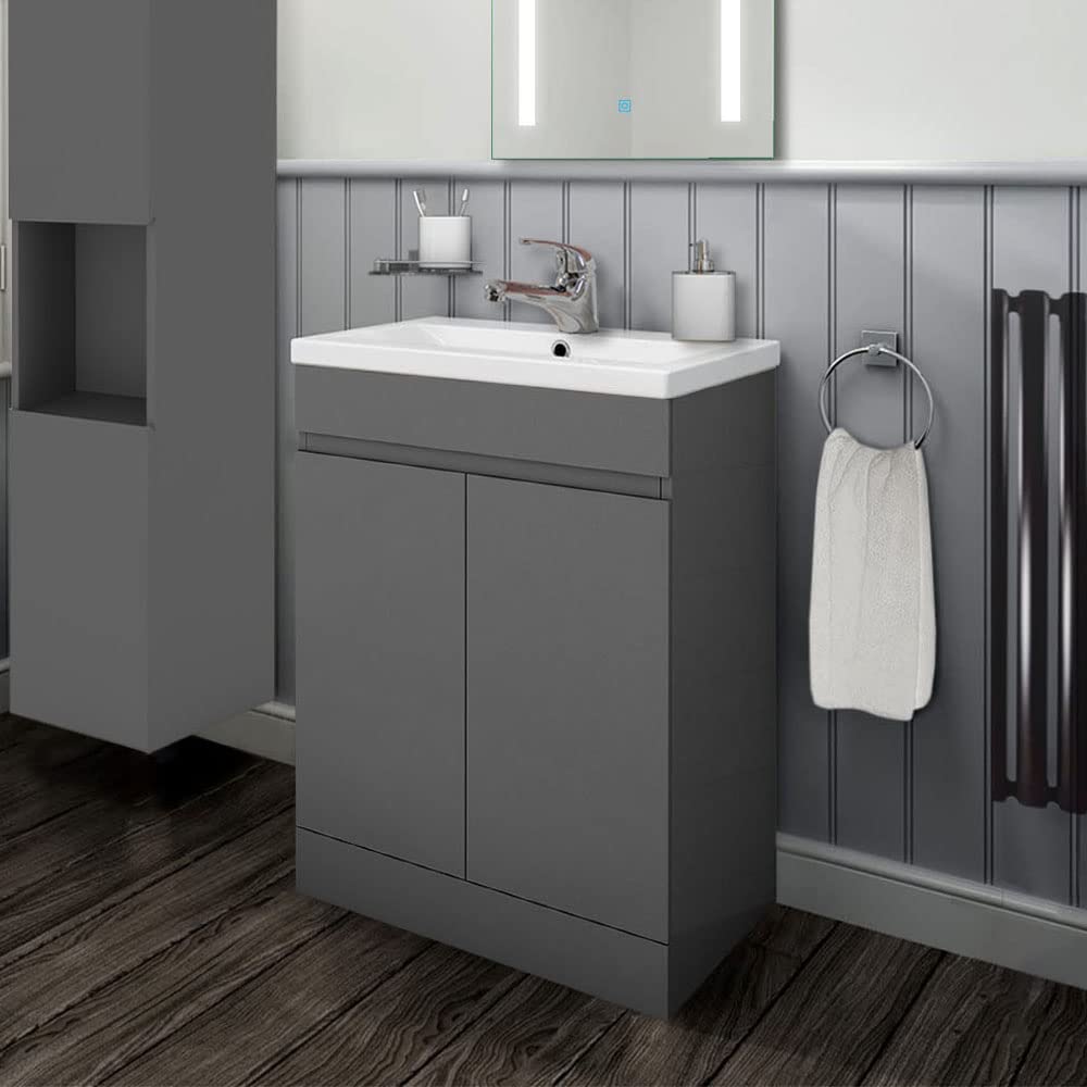 Biubiubath 500mm Bathroom Sink Unit with Basin Matt Grey 2 Soft Close Doors Freestanding Bathroom Suite with Vanity Unit