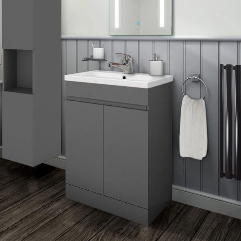 Biubiubath 500mm Bathroom Sink Unit with Basin Matt Grey 2 Soft Close Doors Freestanding Bathroom Suite with Vanity Unit