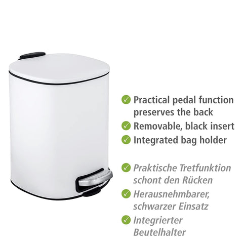WENKO Alassio Cosmetic Pedal Bin, 5 Litre Volume Bathroom Bin with Easy-Close Mechanism, Painted Steel, 24.5 x 20.5 x 27 cm, White