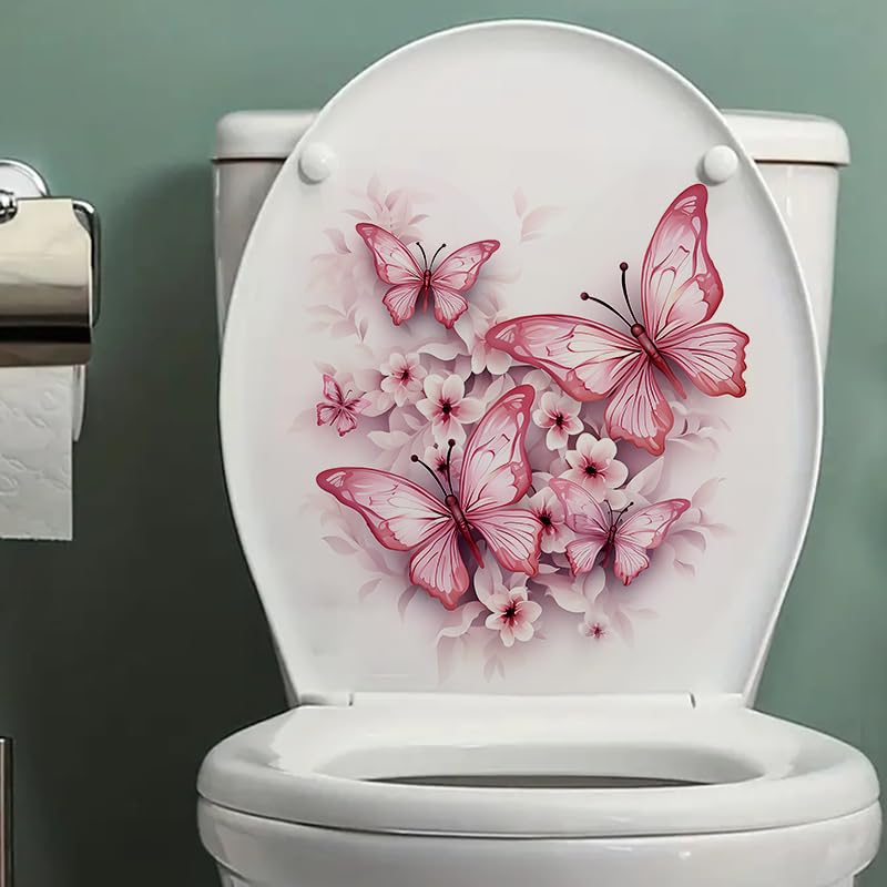 Pink Butterfly Flower Toilet Cover Sticker Decals,Fish Bird Flower Leaf Waterproof Toilet Lid Tank Seat Decals Cistern Self-Adhesive Bathroom Wall