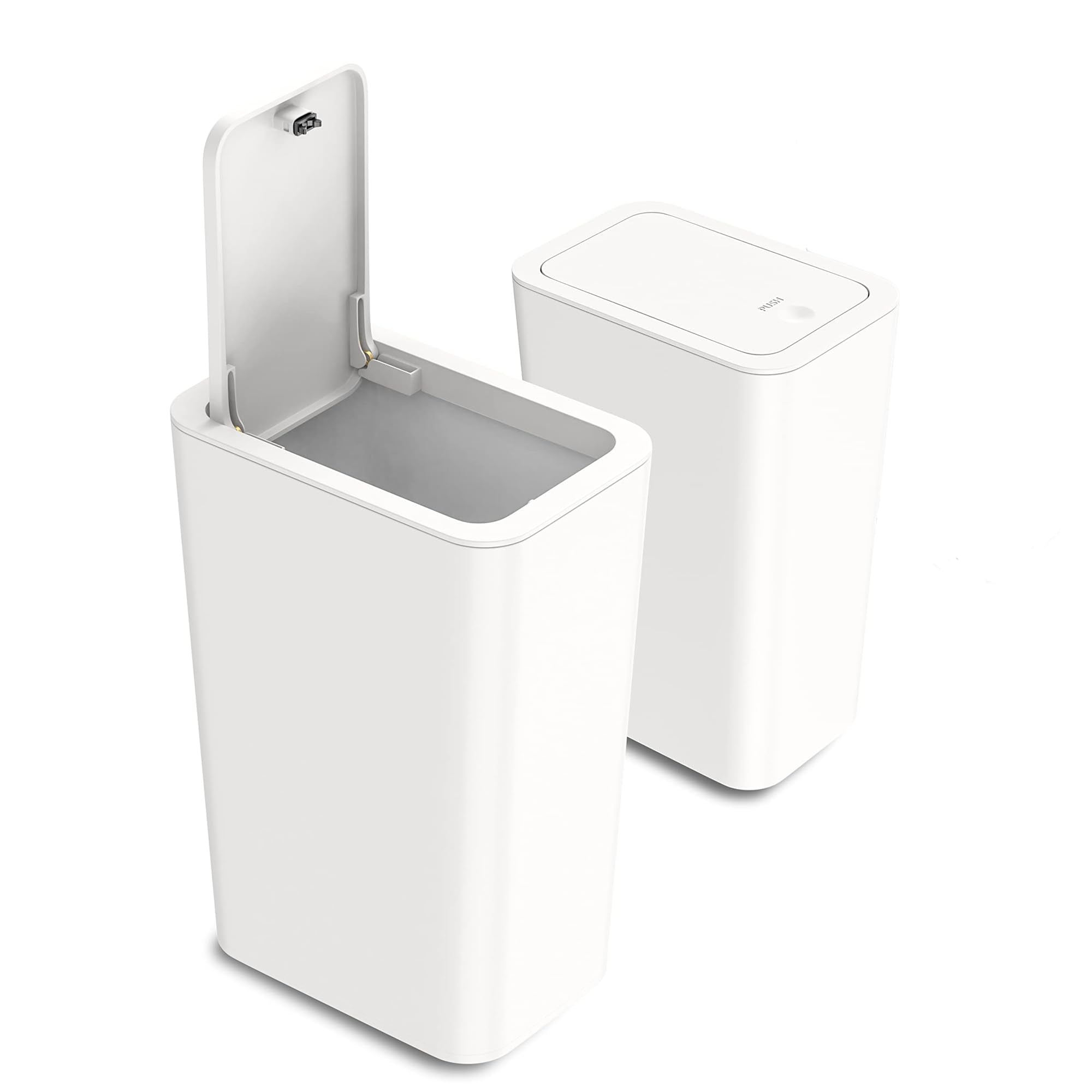 2Pack Bathroom Bin with Lid, Push Button Thin Toilet Bin, Plastic Dog Proof Slim Trash Can for Bedroom Office Living Room Kitchen, 10 Liter Capacity