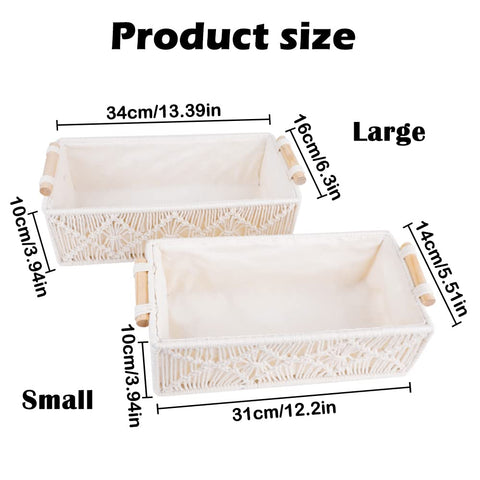 2Pcs Macrame Storage Baskets with Wooden Handles, BOJVESH White Boho Bathroom Decor Woven Baskets for Shelves