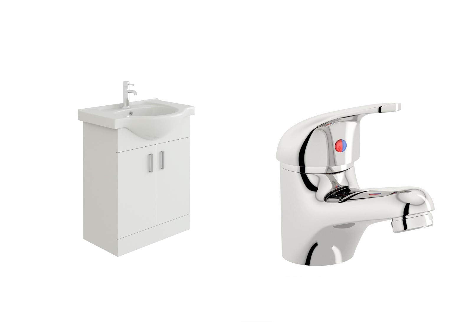 VeeBath Linx 650 Vanity Unit with Ceramic Wash Basin Sink and Mono Mixer Tap, Floor Standing, Soft Close Doors Bathroom Storage Cabinet- White