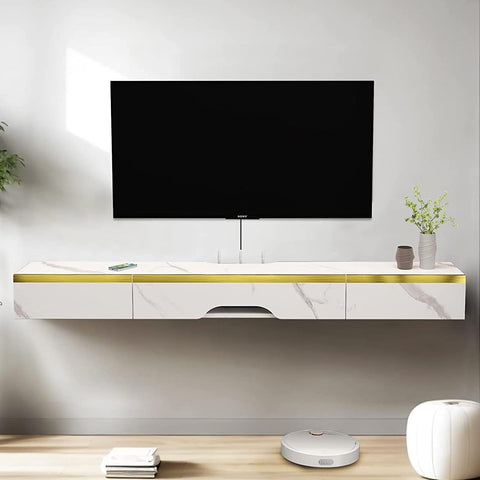 Pmnianhua Floating TV Unit, Wall Mounted TV Cabinet, Floating Shelves with 3 Doors
