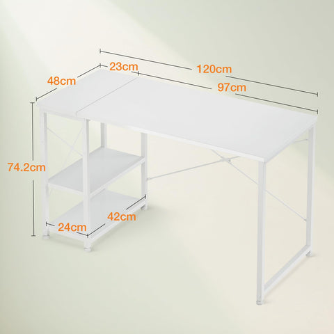 ODK Desk with Storage Shelves, Small Computer Desk, 120 x 48 cm, White