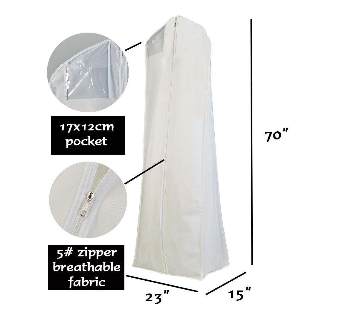 3 pcs X large white non woven Bridal Wedding Gown Dress Garment Bag, Clear PVC large document pocket & 15" gusset