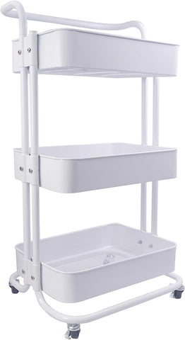 lamde 3-Tier Metal Rolling Utility Cart with Handle, Utility Organizer Cart-Multi-Functional Storage Trolley for Office, Living Room, Kitchen