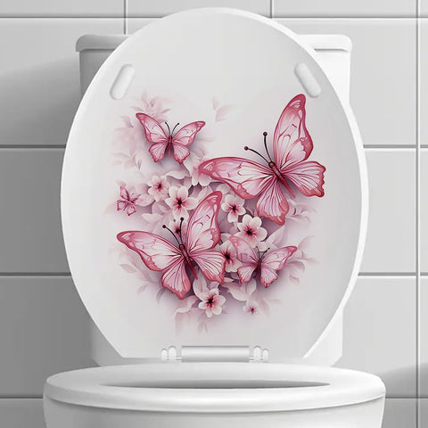 Pink Butterfly Flower Toilet Cover Sticker Decals,Fish Bird Flower Leaf Waterproof Toilet Lid Tank Seat Decals Cistern Self-Adhesive Bathroom Wall