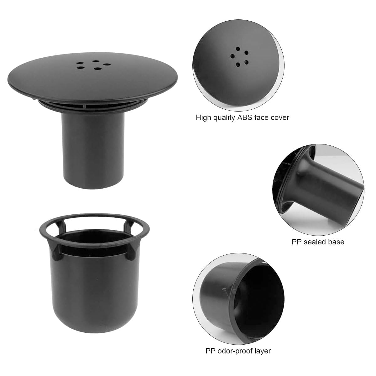 Amazleer Shower Drain Cover, Chrome Shower Plughole Cover, Removable Top Shower Trap Cover Replacement, Shower Waste Cover Fast Flow Black 90mm
