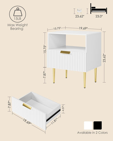 Apetaccat White Bedside Table, Nightstand with 1 Drawers with Gold Leg, Modern Bedside Table Bedroom Furniture for Living Room or Bedroom, White