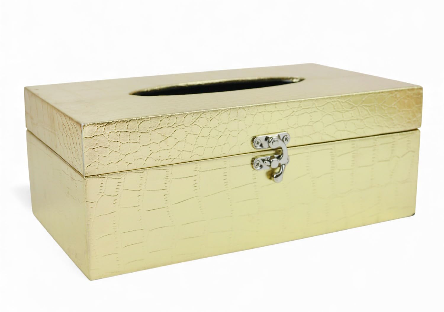 Emartbuy Gold Croc Texture Faux Leather Tissue Holder Metal Clasp Luxury