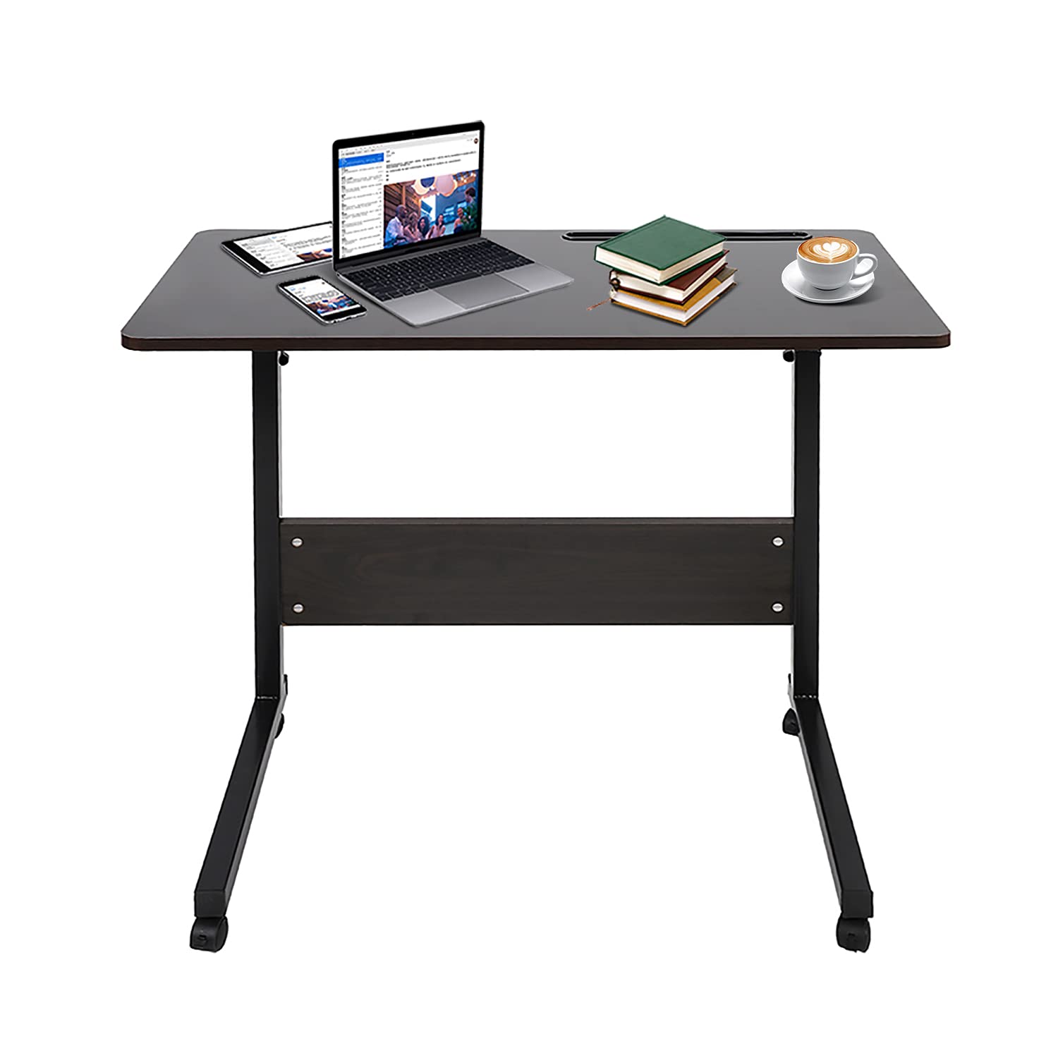 Adjustable Movable Wooden Laptop Table 71.5 to 91cm Height Portable Computer Desk Bedside Sofa Side Workstation with Tablet Slot Reading Eating