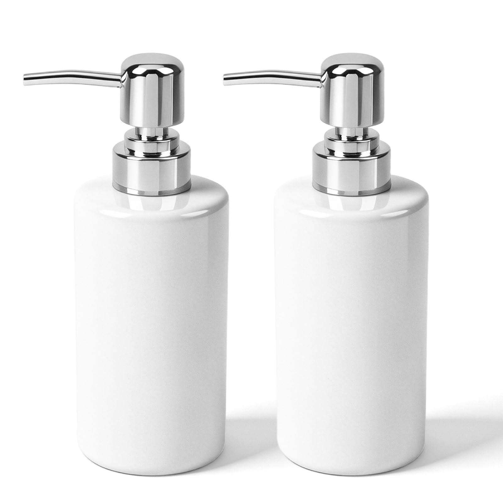 2Pcs Soap Dispenser,300ml Ceramic Cylindrical Bottle with Long Spout – Rustproof Pump, Refillable, Sturdy – Versatile for Shampoo, Lotion, Bath Milk