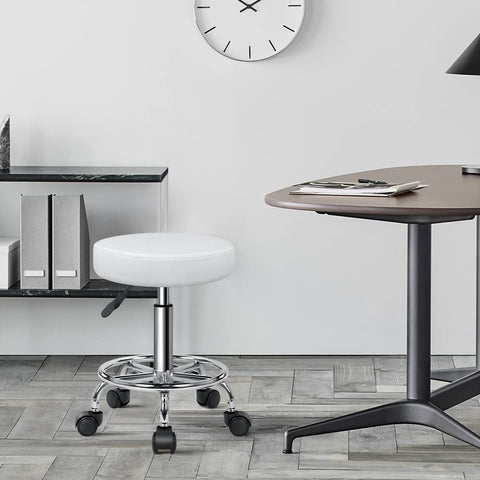 KKTONER PU Leather Round Rolling Stool with Foot Rest Swivel Height Adjustment Spa Drafting Salon Tattoo Work Office Massage Stools Task Chair (White)