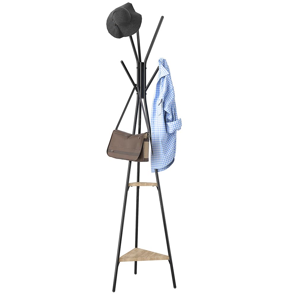 BAKAJI Black Floor Coat Rack Space-Saving Toronto Model, Floor Stand with 5 Hooks and 2 Shelves for Entrance, Clothes Stand for Coats, Hats, Bags