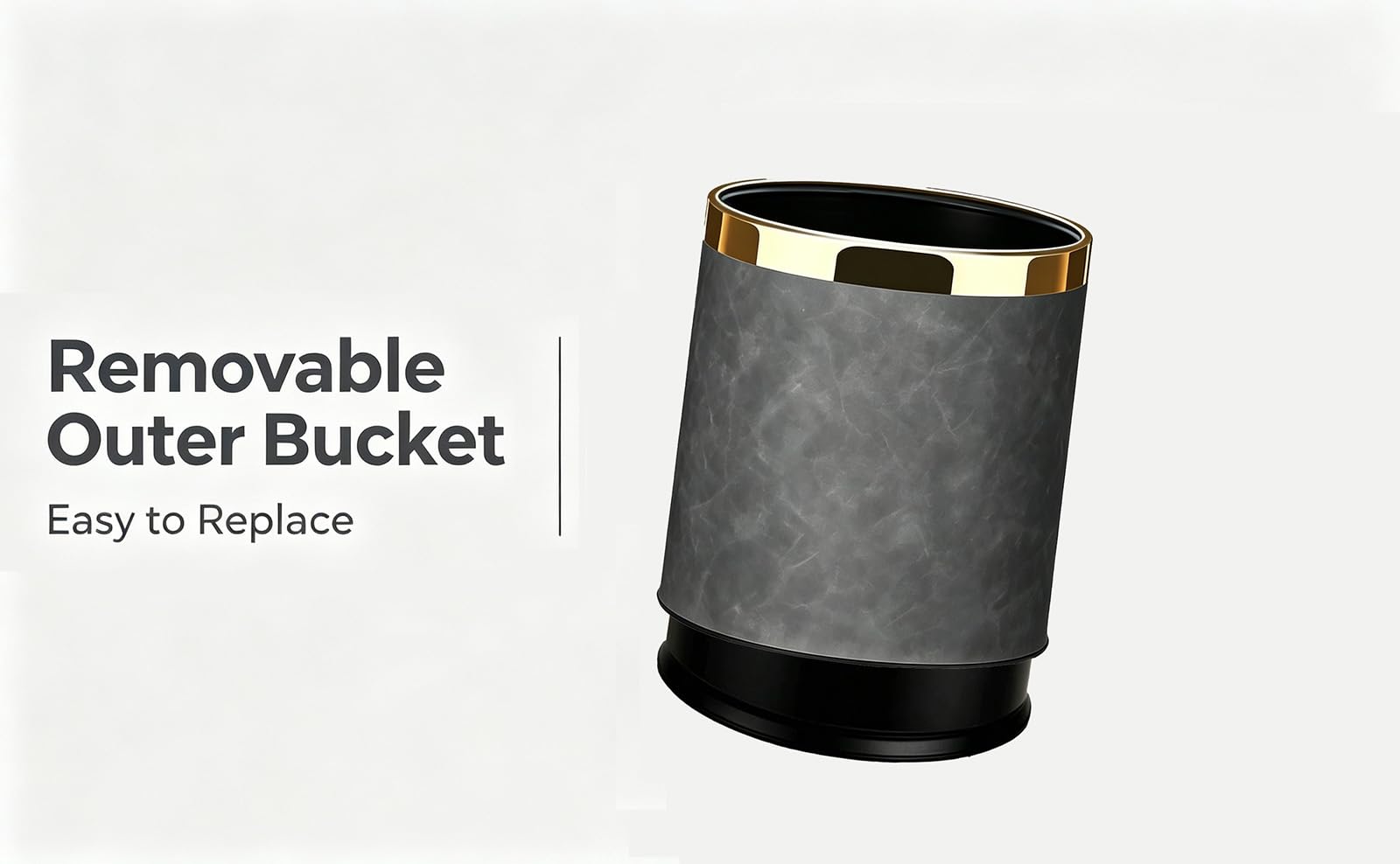 SXYLOB Luxury Metal Waste Bin 10L, Double Layer Trash Can PU Leather Covered Round Wastebasket Dust Bins for Kitchen Bathroom Hotel Office (Grey Hui)
