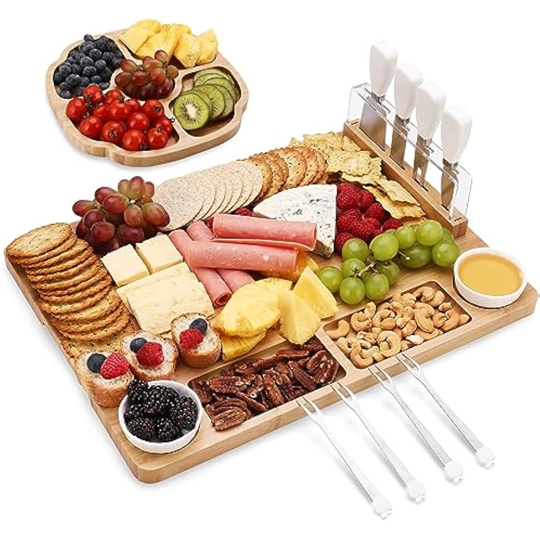 hecef Cheese Board Set of 13, Bamboo Charcuterie Board & Snack Tray, 2 Ceramic Bowls, Cheese Knives Set, Magnetic Knife Stand, Cheese Board and Knife Set for Anniversary, Mother's Day